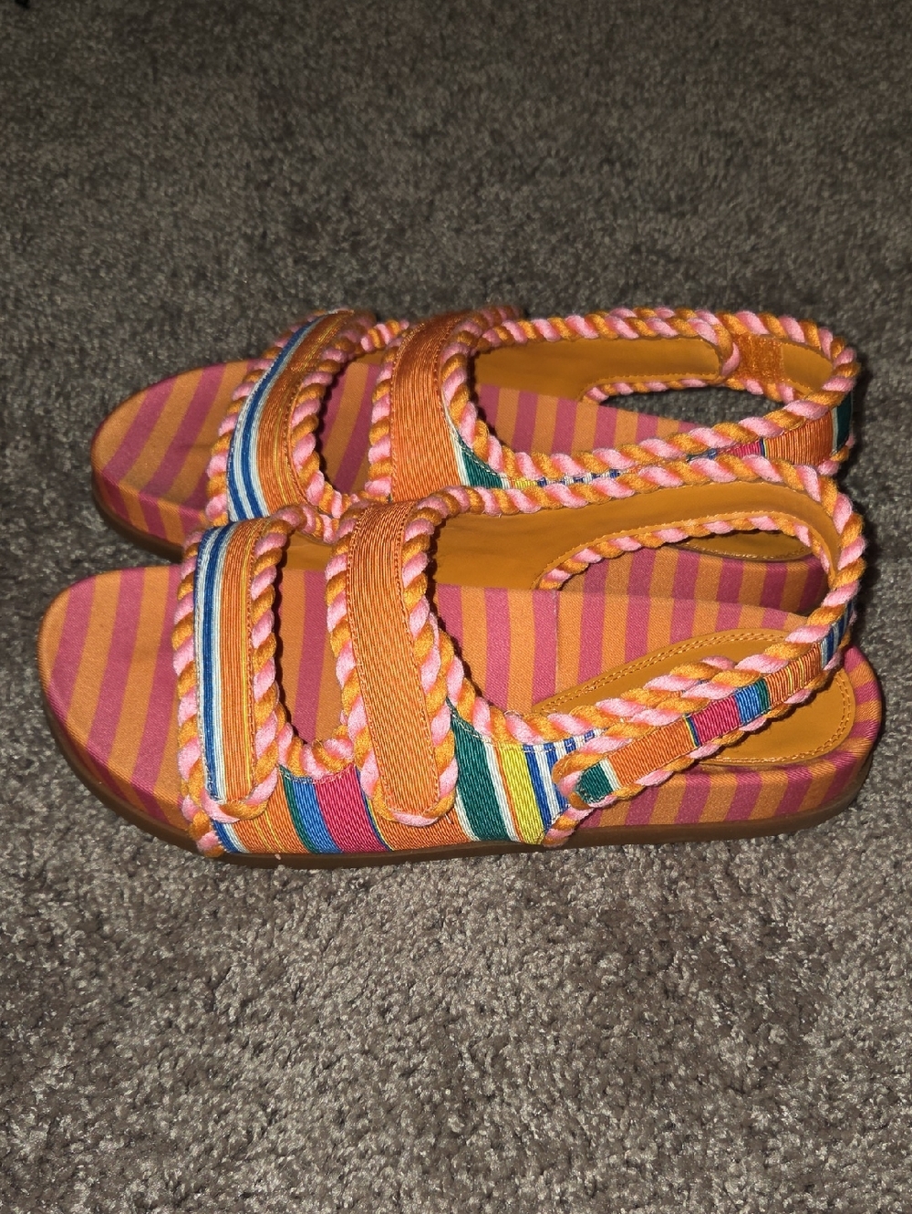 Copper Key Colorful Striped Rope Strap Sandals - Orange & Pink